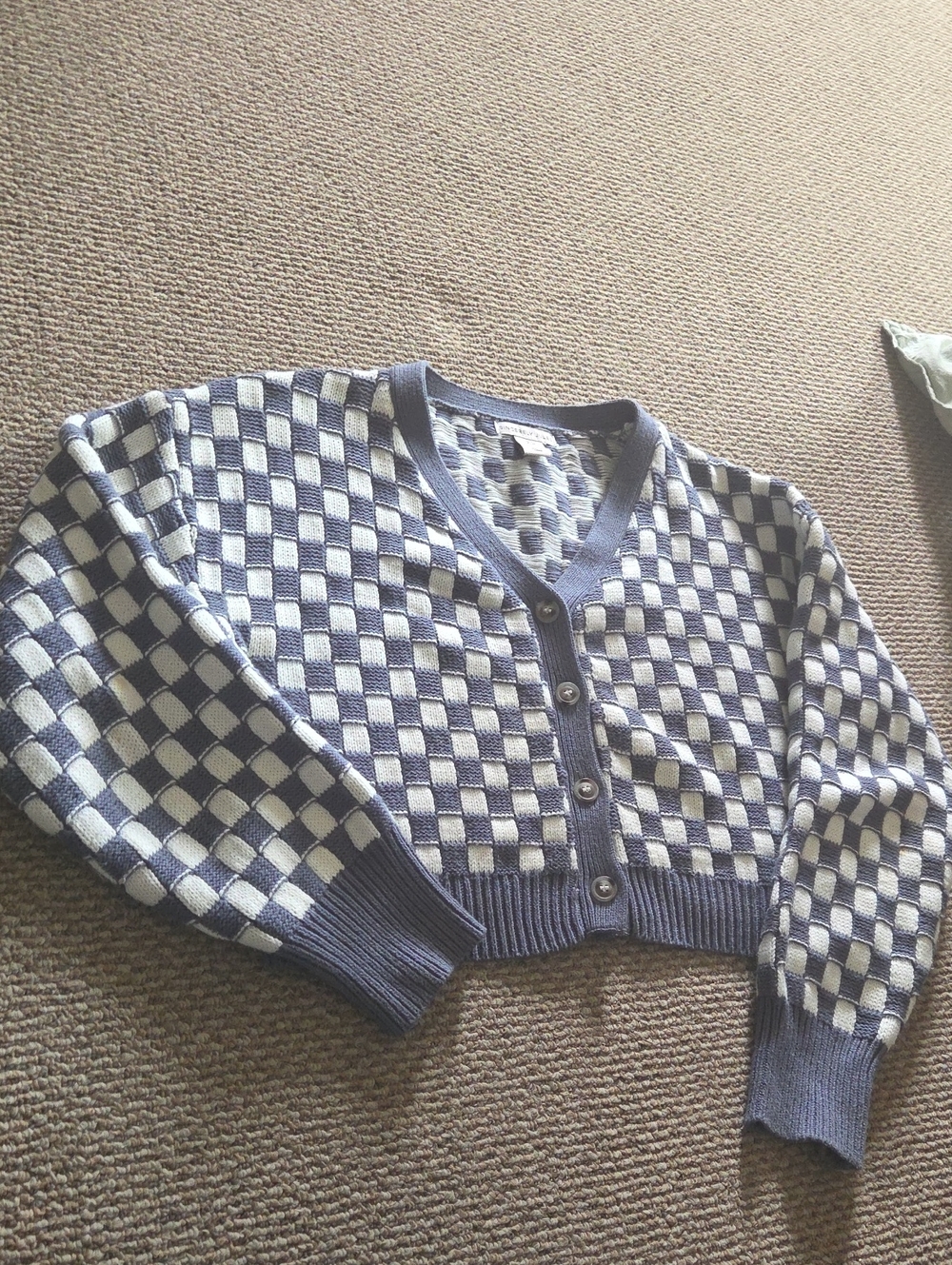Sincerely Jules Blue and White Checkered V-Neck Cropped Cardigan